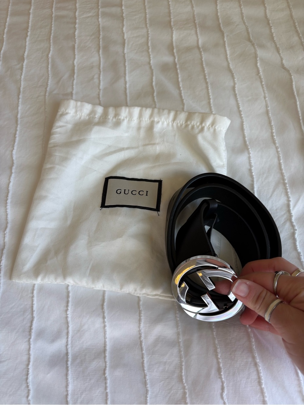 Gucci Black Leather Belt with Silver Interlocking G Buckle